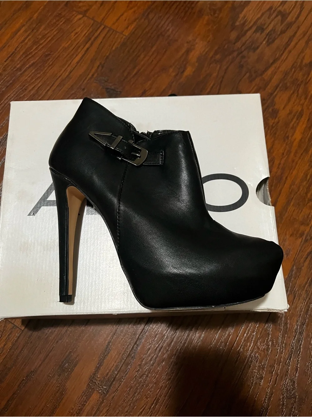Aldo Black High Heel Ankle Booties with Buckle Accent